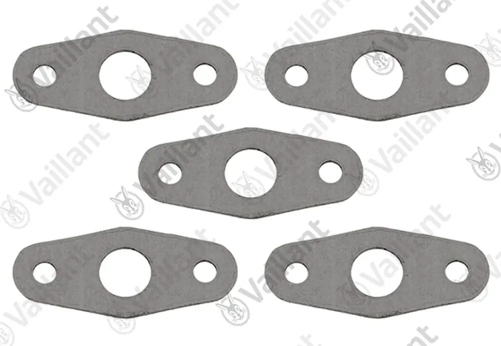 Mehrere Dichtungen aus Metall, die in Form von Platten mit ovalen Öffnungen gestaltet sind. Sie stammen von der Marke Vaillant.
